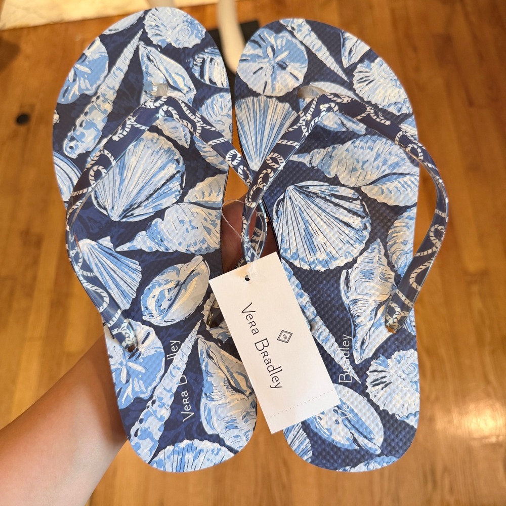 Vera Bradley Flip Flops Womens 8 M Morning Shells Blue Coastal Beach Sandals NWT